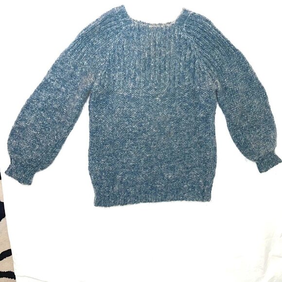 Hand Knit Sweater Womens Crew Neck Knit Cuff Metallic Thread Blue Silver - Picture 13 of 14